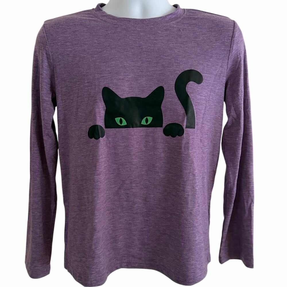 Small Cat T Shirt Womens Long Sleeve Top Cute Kitty Graphic Tee Cat Lover Casual